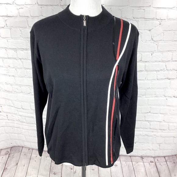 Vintage Jenny Retro Full Zip Sweater Women’s Size Large Black w/Red White Stripe - Picture 1 of 11